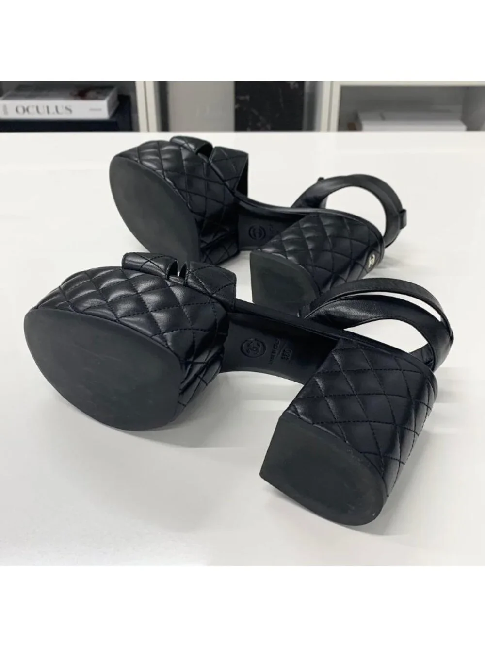Chanel CC Logo Leather Quilted Strap Sandals Black